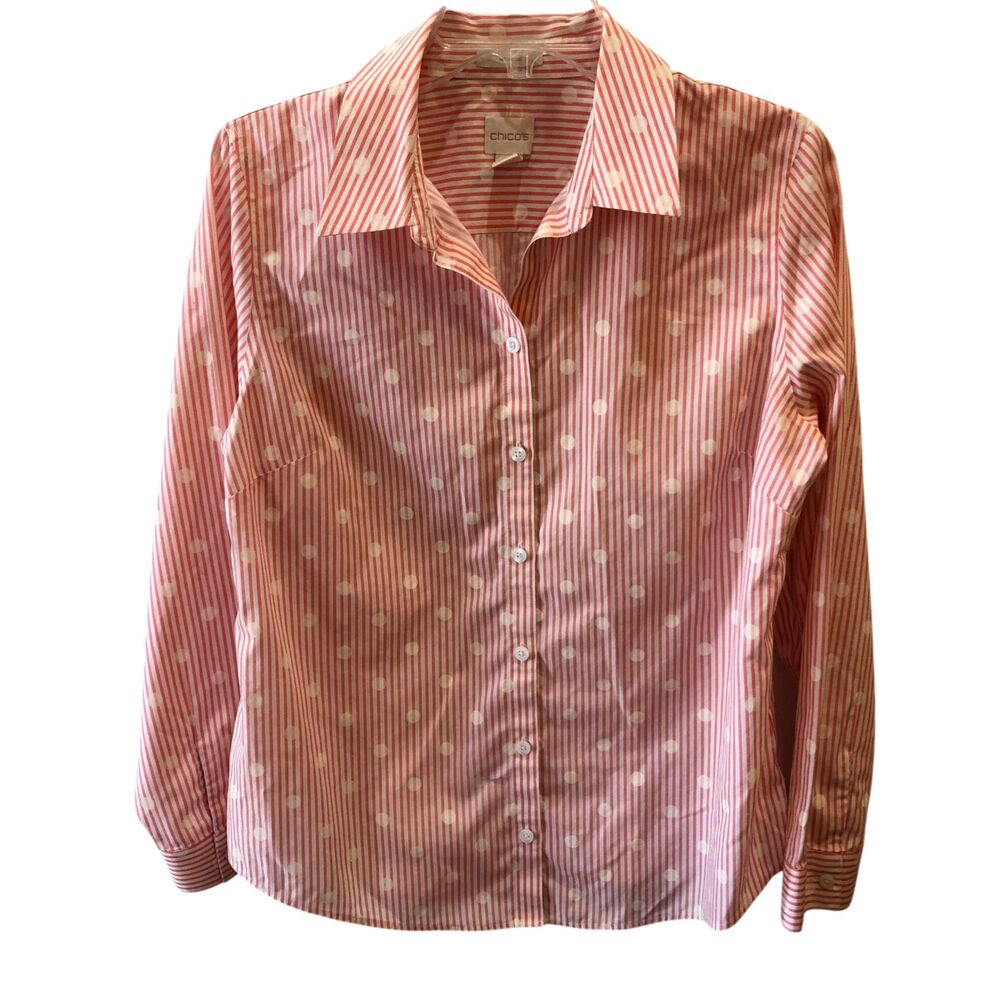 Chicos Womens Medium 1 Pink Striped Polka Dots No Iron L/S Button Up Shirt Top